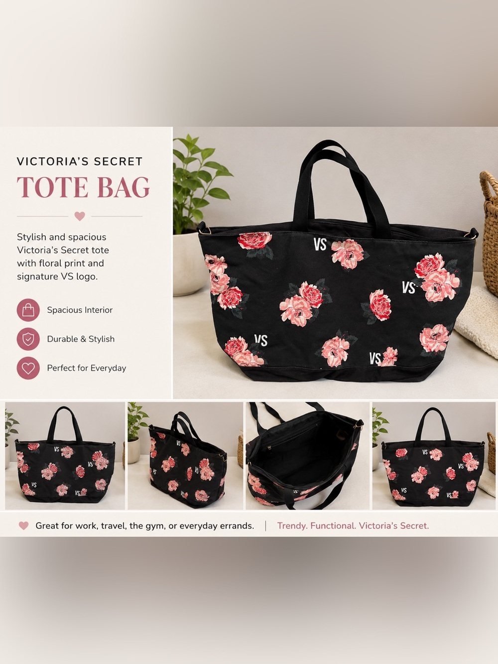 Victoria's Secret Black Tote with Pink Floral Print 22” wide
13.5” tall